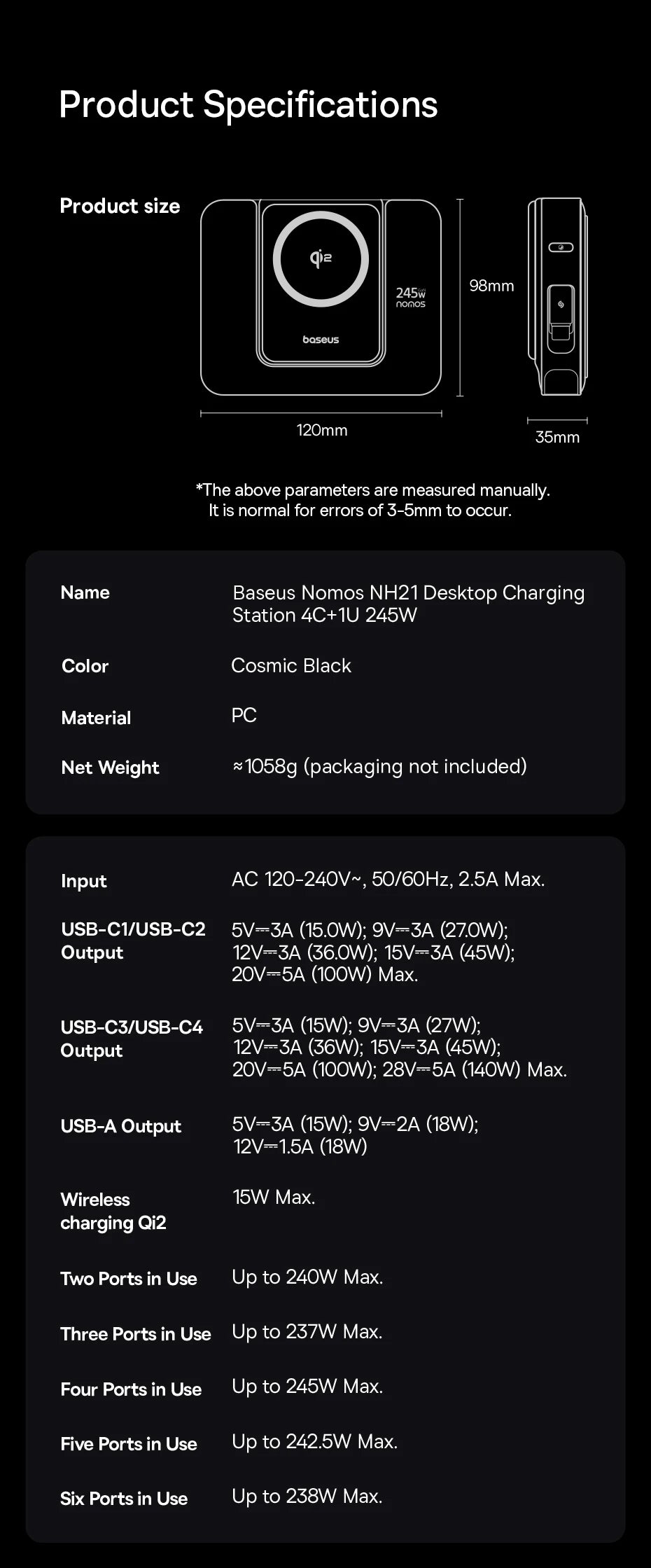 245W 6-in-1 Desktop Charger with Qi2 Wireless & 100W Retractable USB-C