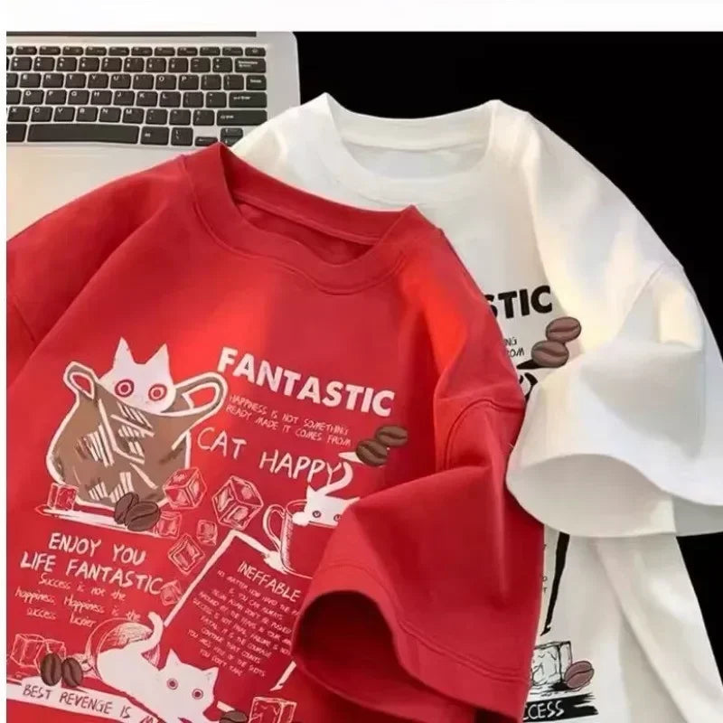 New Summer Korean Style Fun Cartoon Print T-shirt Man Women Unisex Oversized Plus Size Tshirt Trendy Tees Large Size Universal