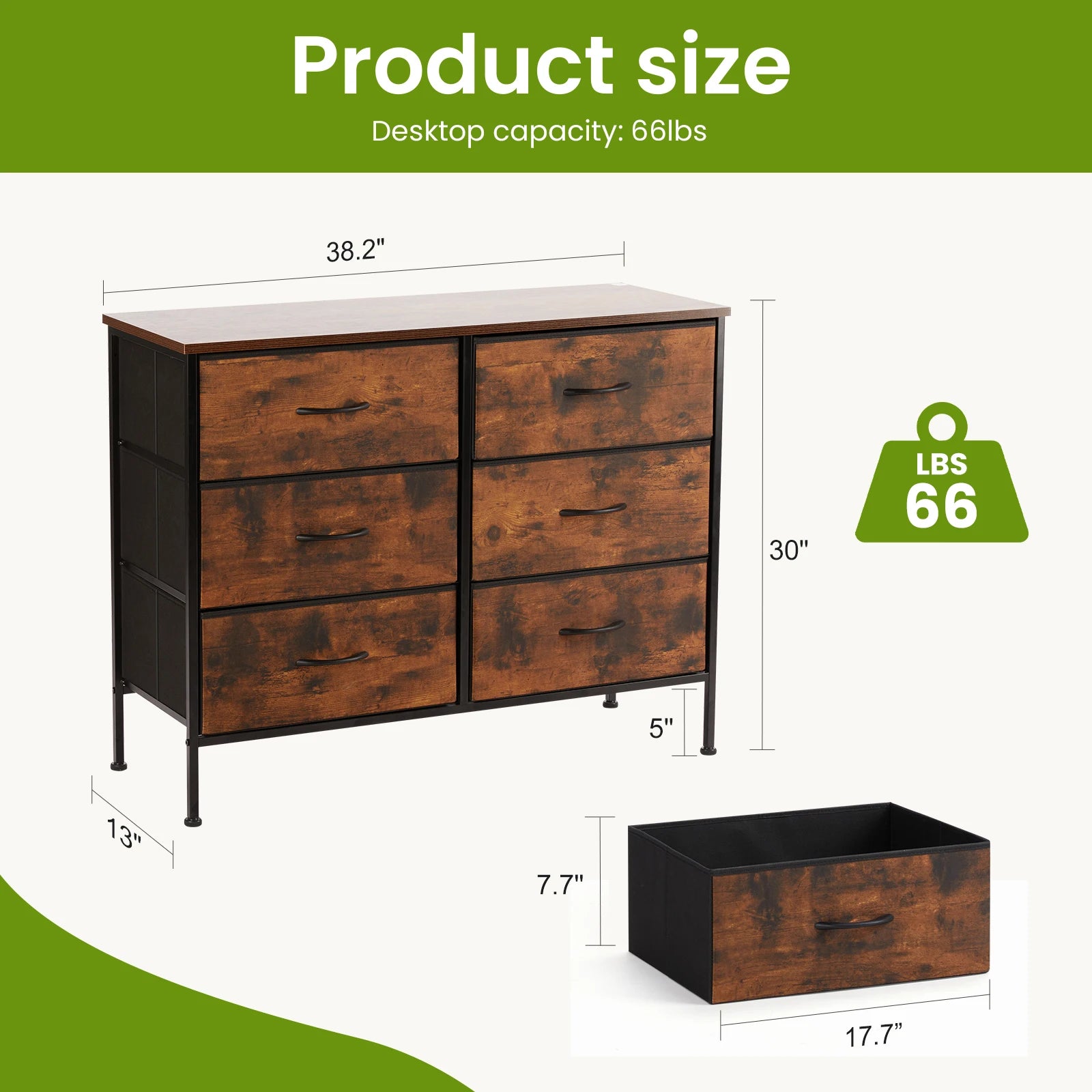 6-Drawer Fabric Dresser with Wooden Top and Metal Frame