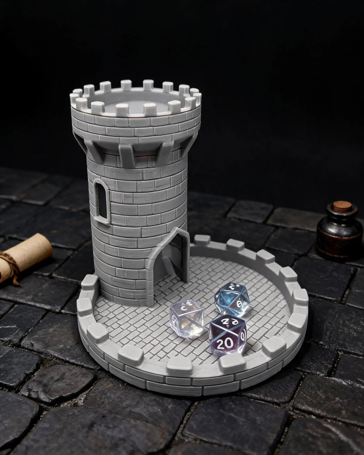 Castle Dice Tower with Tray – Light Gray