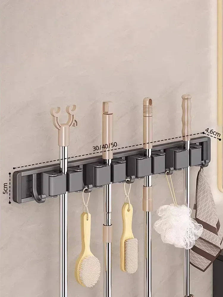 Wall-Mounted Mop and Broom Organiser, Grey