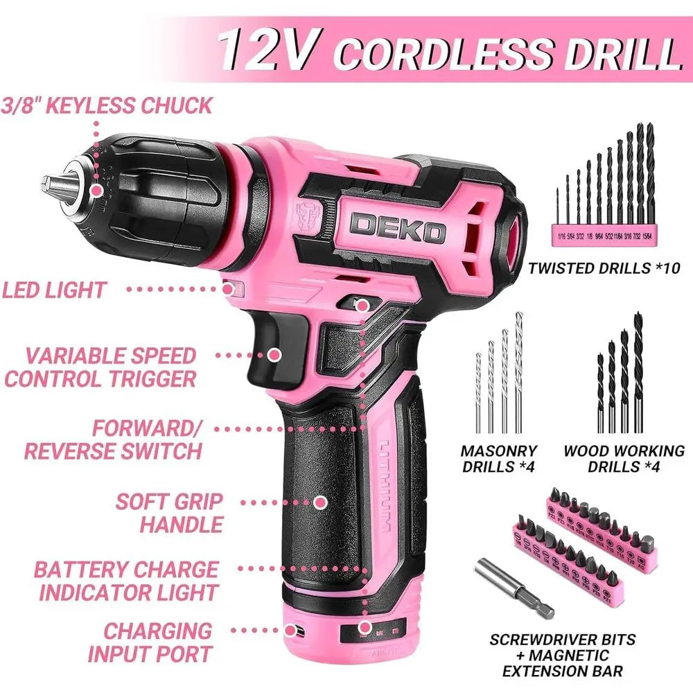 12V Cordless Pink Drill Set with 1.5Ah Battery and Tool Kit