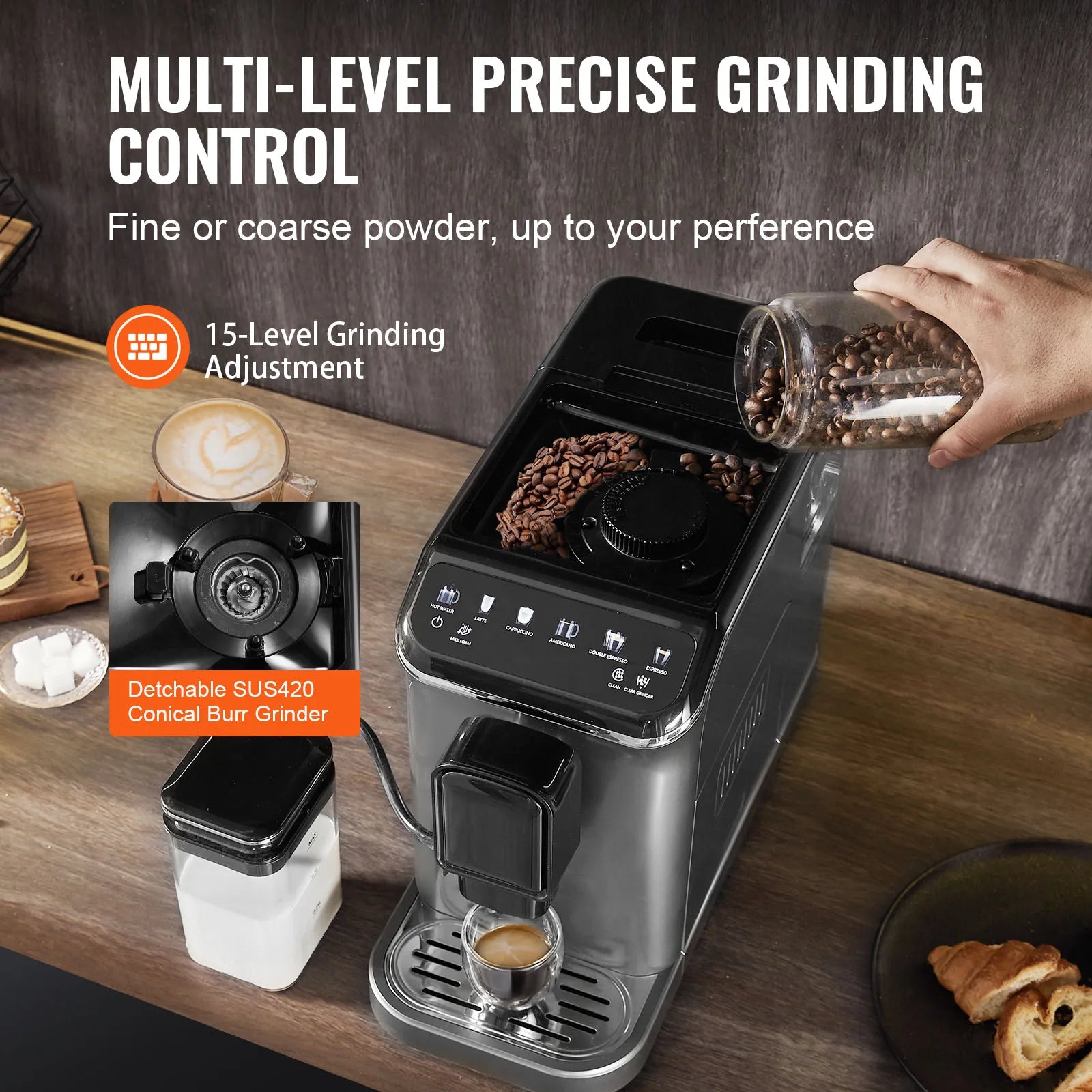 Automatic Espresso Machine with Grinder & Milk Frother Touch Screen