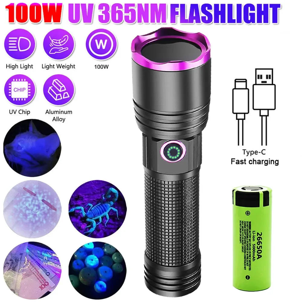365nm Rechargeable UV Flashlight - Battery Options
