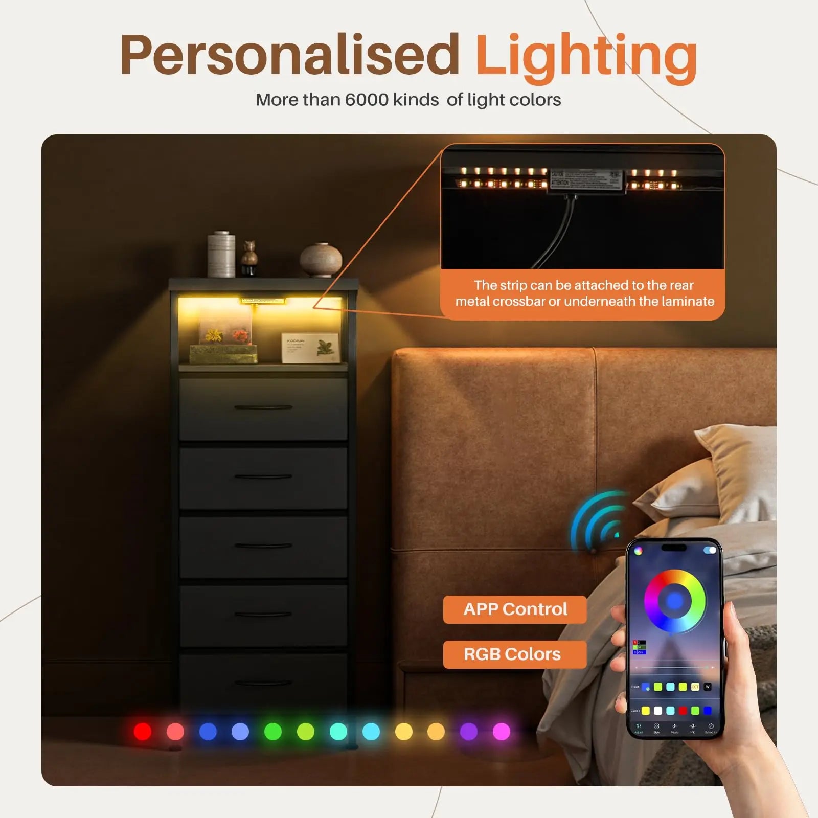5-Drawer Nightstand with Charging Station, LED Lights & Storage