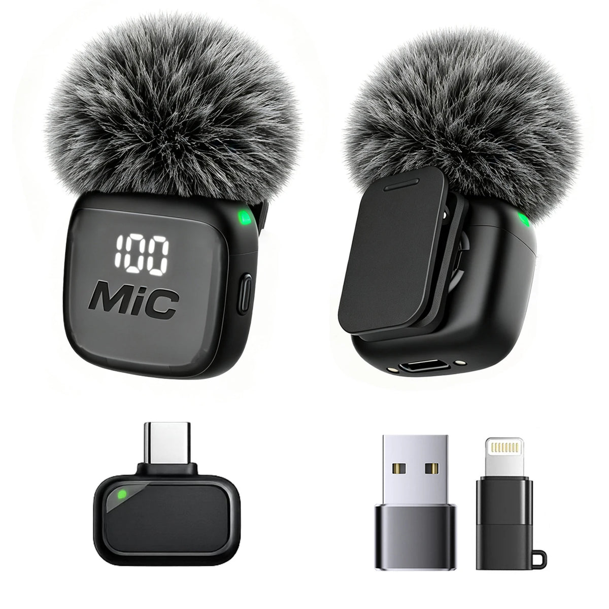 Wireless Lavalier Microphone with USB-C, Lightning and USB Adapters