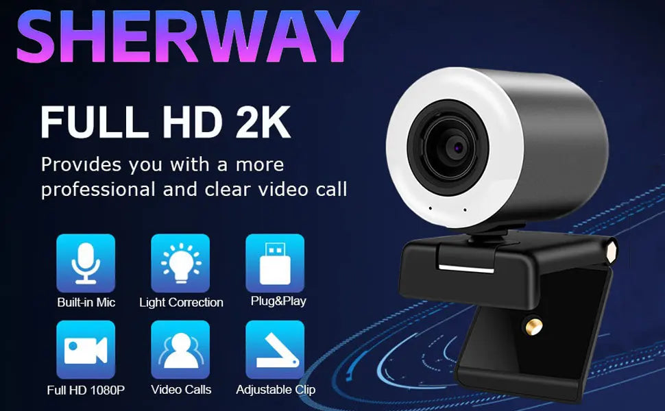2K Streaming Webcam with Ring Light and Autofocus
