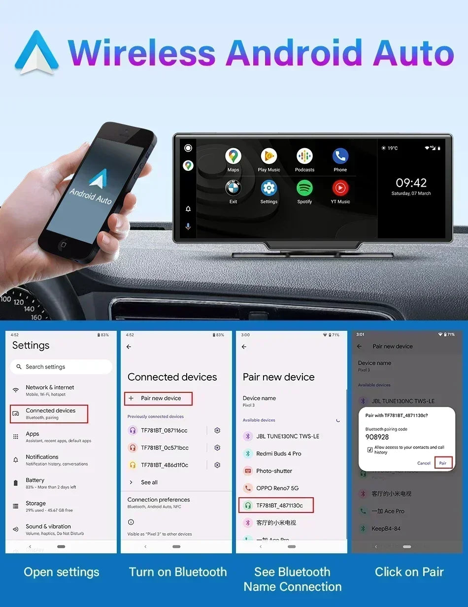10.26 Inch Dash Cam Rearview Mirror Display with Wireless CarPlay and Android Auto, 4K Front and 1080P Rear Recording