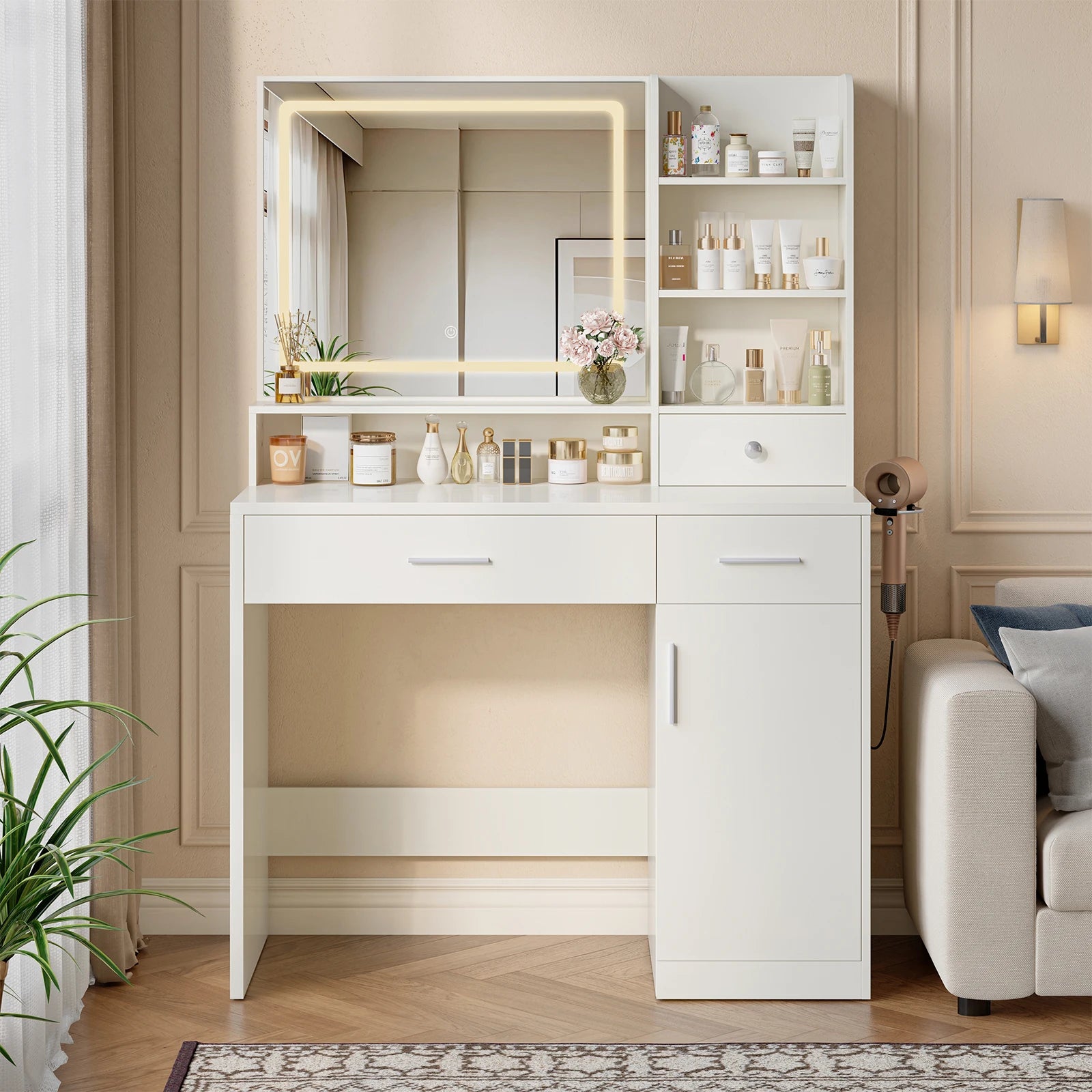 Modern Makeup Vanity Desk with Lighted Mirror, Storage & Charging