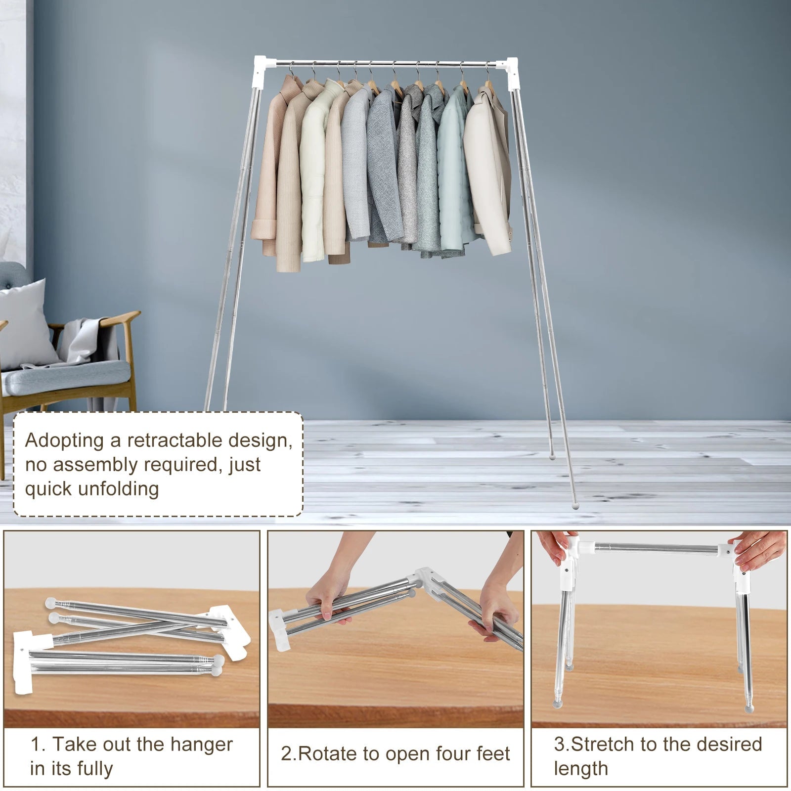 Collapsible Floor Stand Clothes Hanger Clothes Drying Rack Adjustable Angle Coat Hanger for Home Camping Travel Outdoor Storage