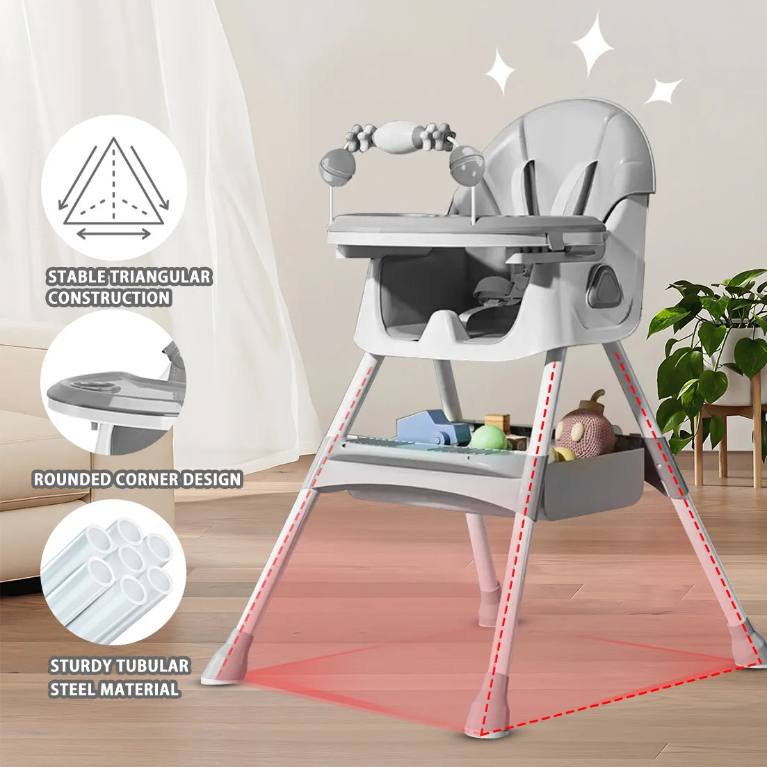 Foldable Baby High Chair with Tray and Toy Rack