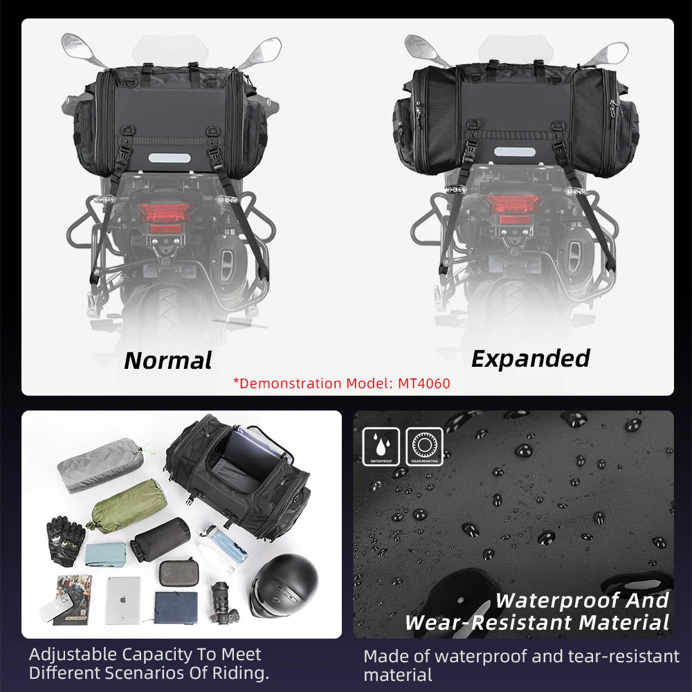 Motorcycle Tail Bag Expandable Luggage 19L–80L Rack Trunk Storage
