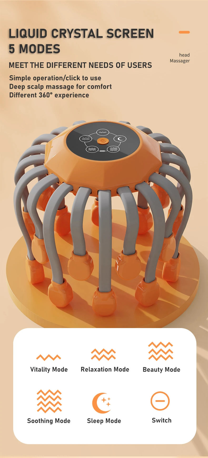 20Massage Heads Orange Scalp Head Massager Red Light Vibrator Octopus Scratcher For Relaxation Stress Migraine