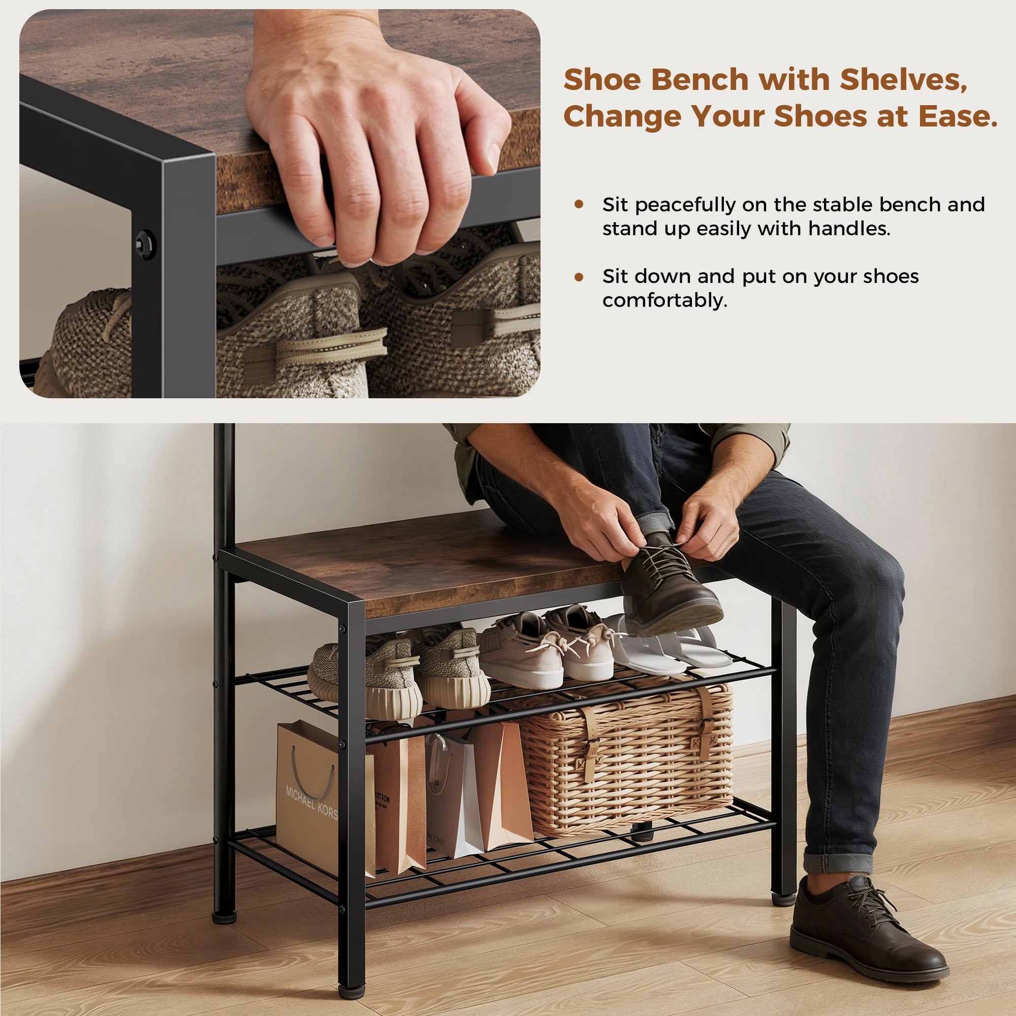 4-in-1 Entryway Coat Rack with Shoe Bench and Storage Hooks
