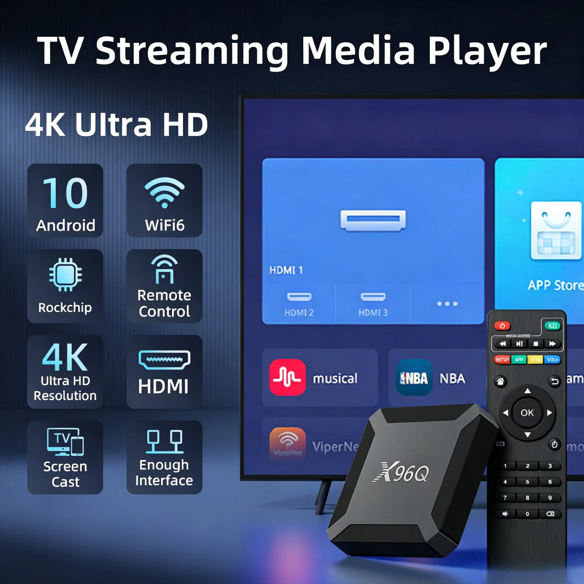 X96Q Smart TV Box Allwinner H313 Android 10.0 TV Box 2GB RAM 16GB ROM 4K 60fps H.265 HEVC Media Player 2.4G WiFi 1000M LAN USB Media Streaming Set Top Box