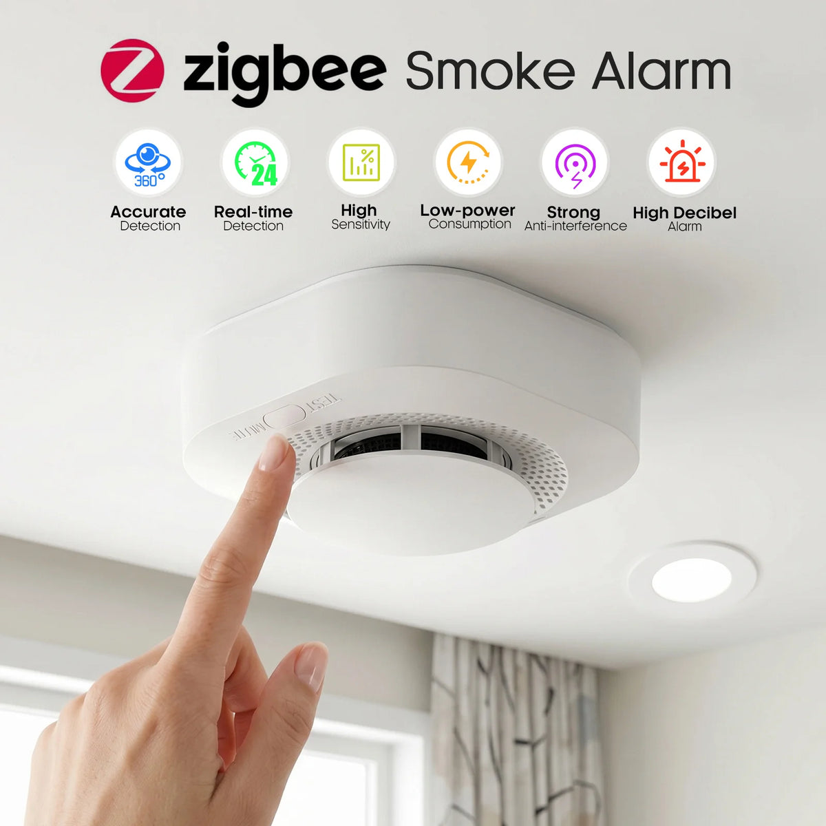 Zigbee Smoke Detector with 360° Detection and App Alerts