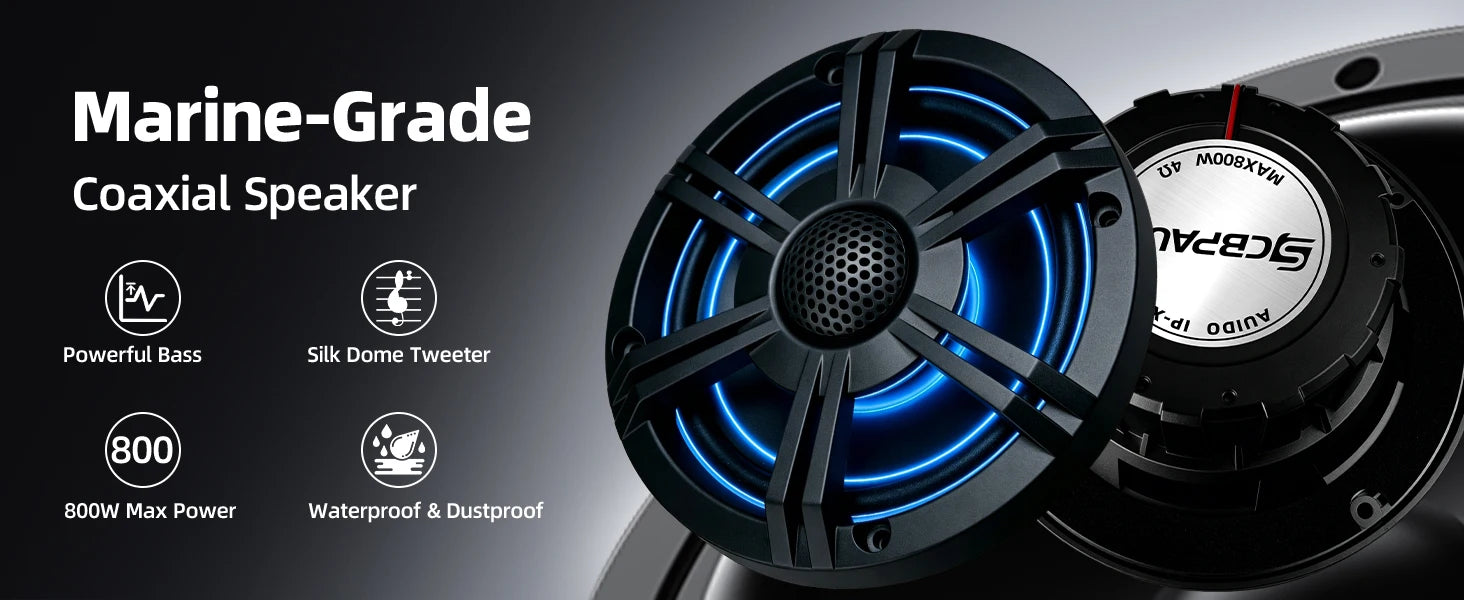 6.5 Inch Marine Coaxial Speaker with HIFI Light, IP66 Waterproof, 1pc