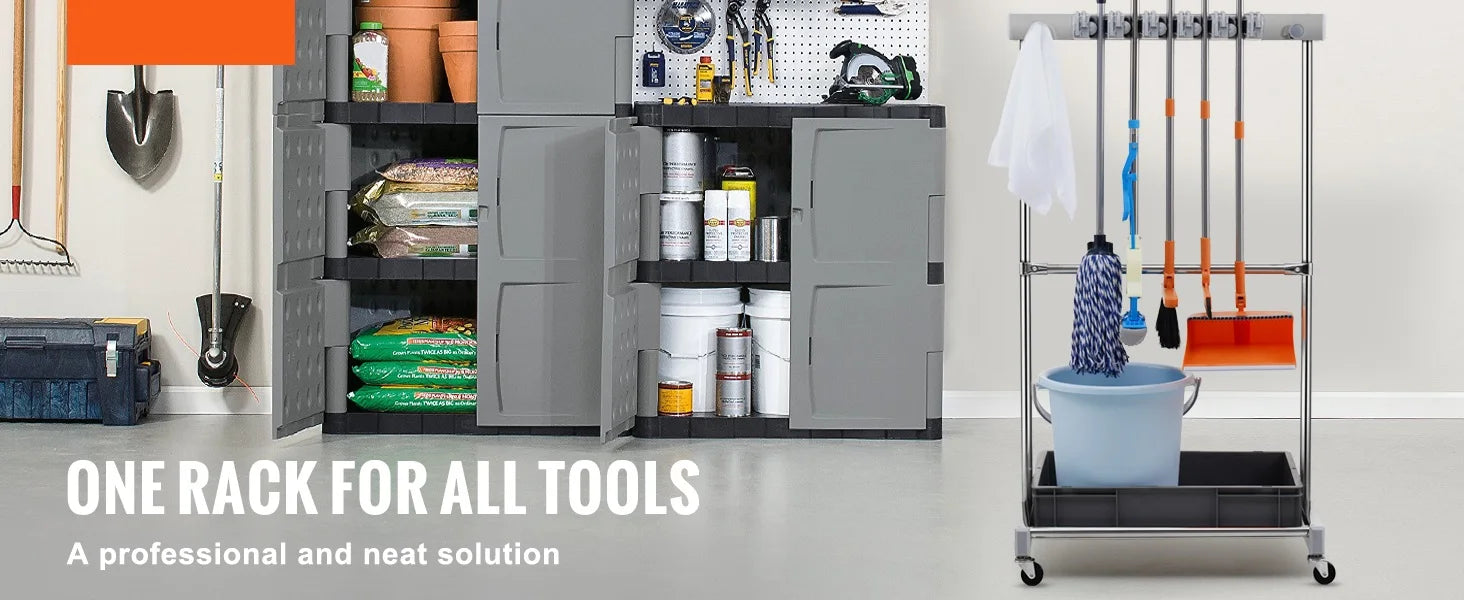 Garden Tool Organizer Rack with 10 Slots, Hooks & Rolling Wheels