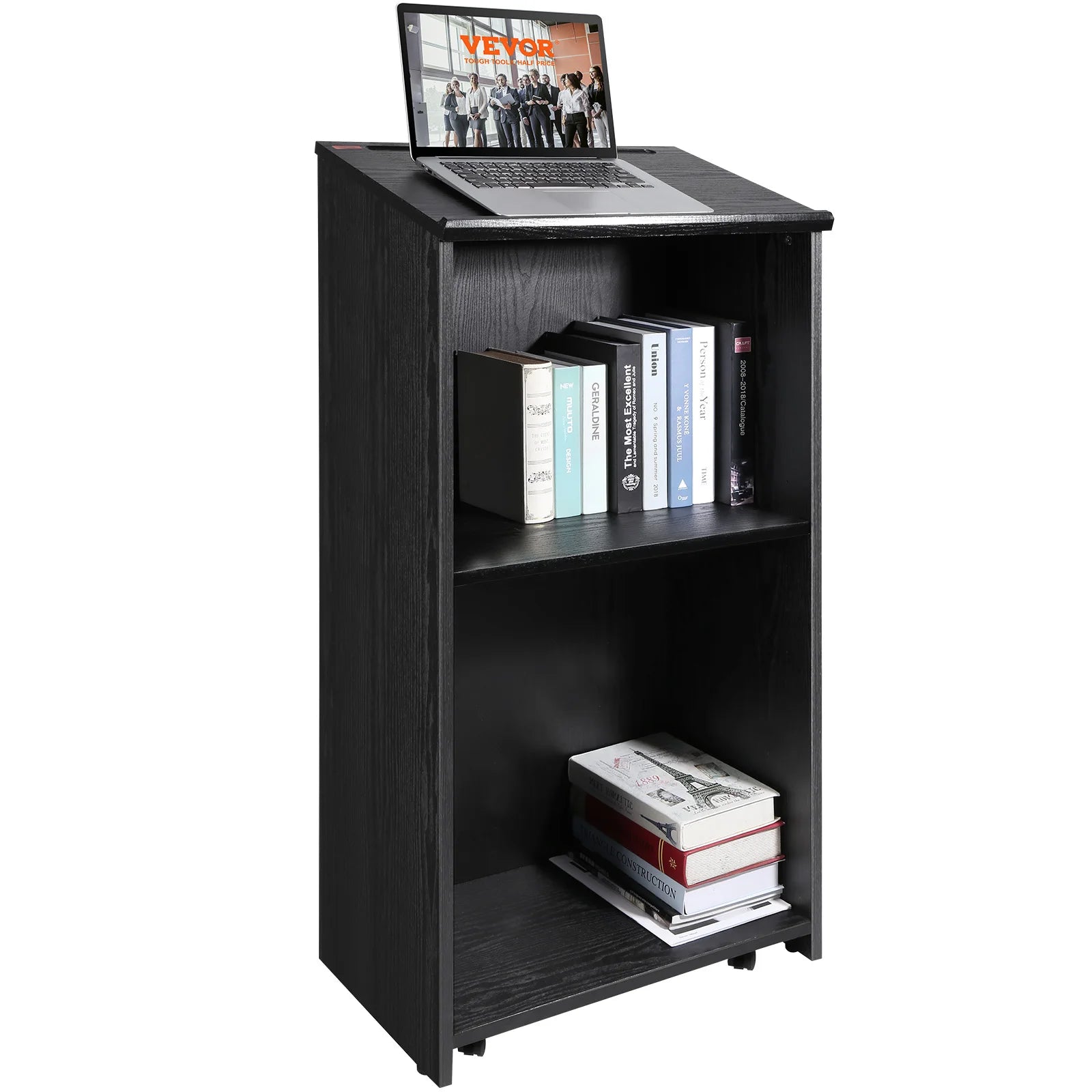 47" Rolling Podium Stand with Shelves and Tilted Desktop