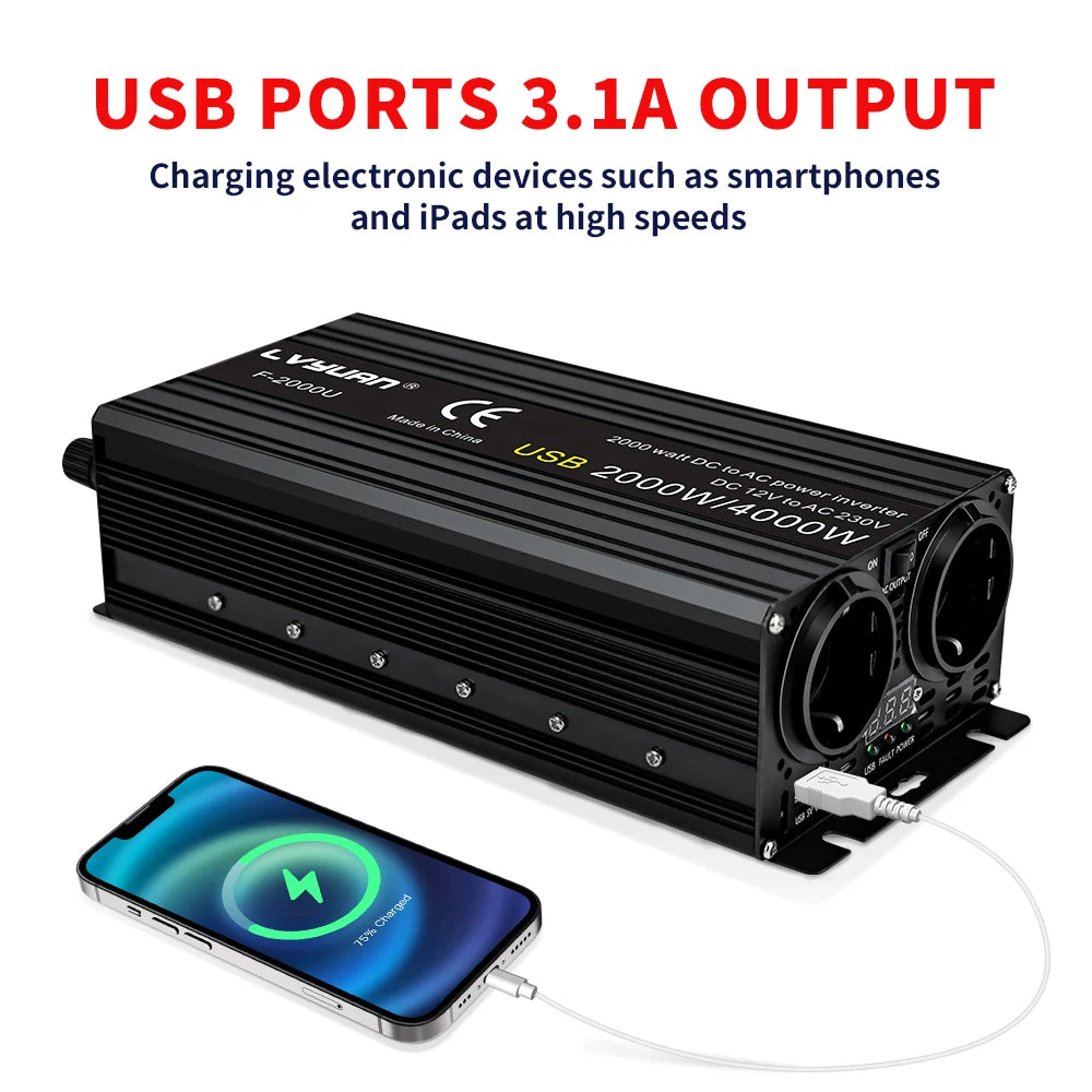 Car Inverter 12V 220V Power 500W/1500W/2000W/2600W/3000W Converter EU Socket 12 Volts auto Inversor12v 220 v Transformer Solar