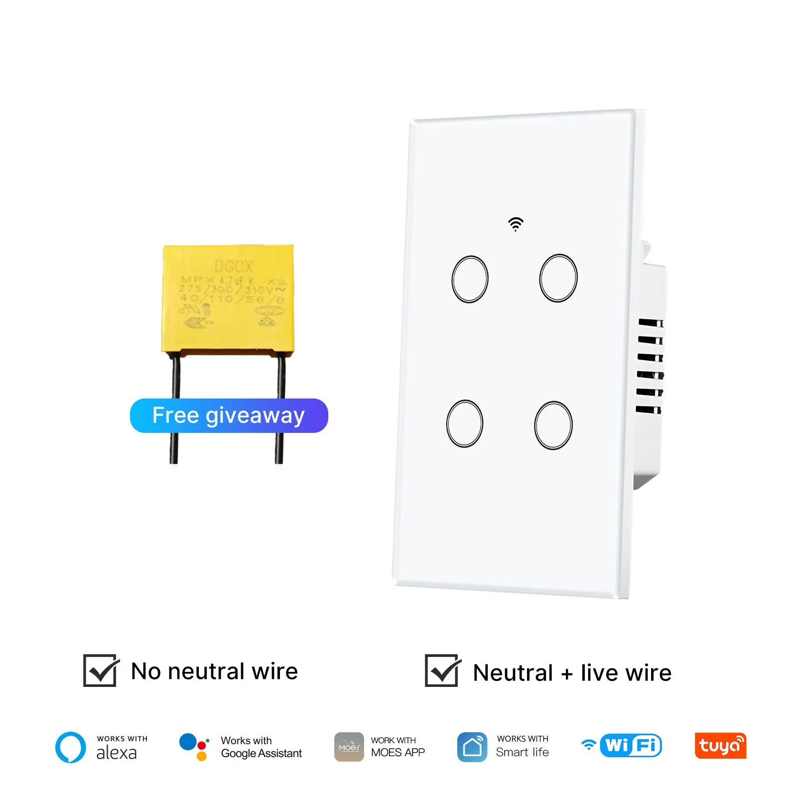 Smart Light Switch No Neutral WiFi Touch Control