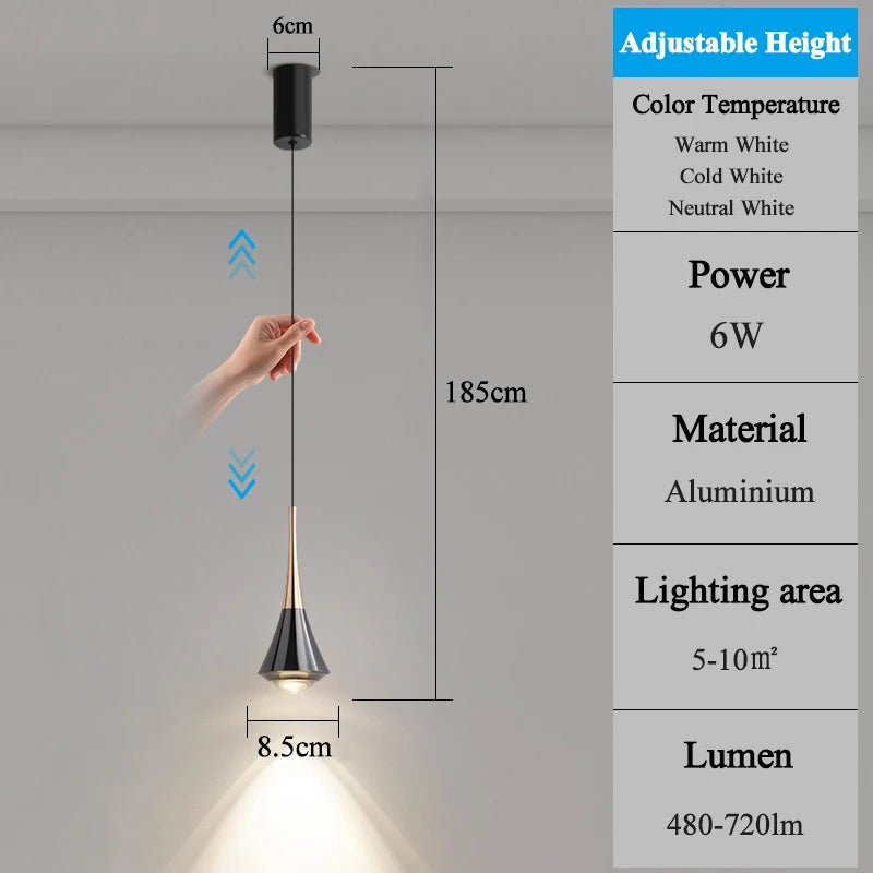 6W LED Pendant Light, Fixed or Adjustable Height