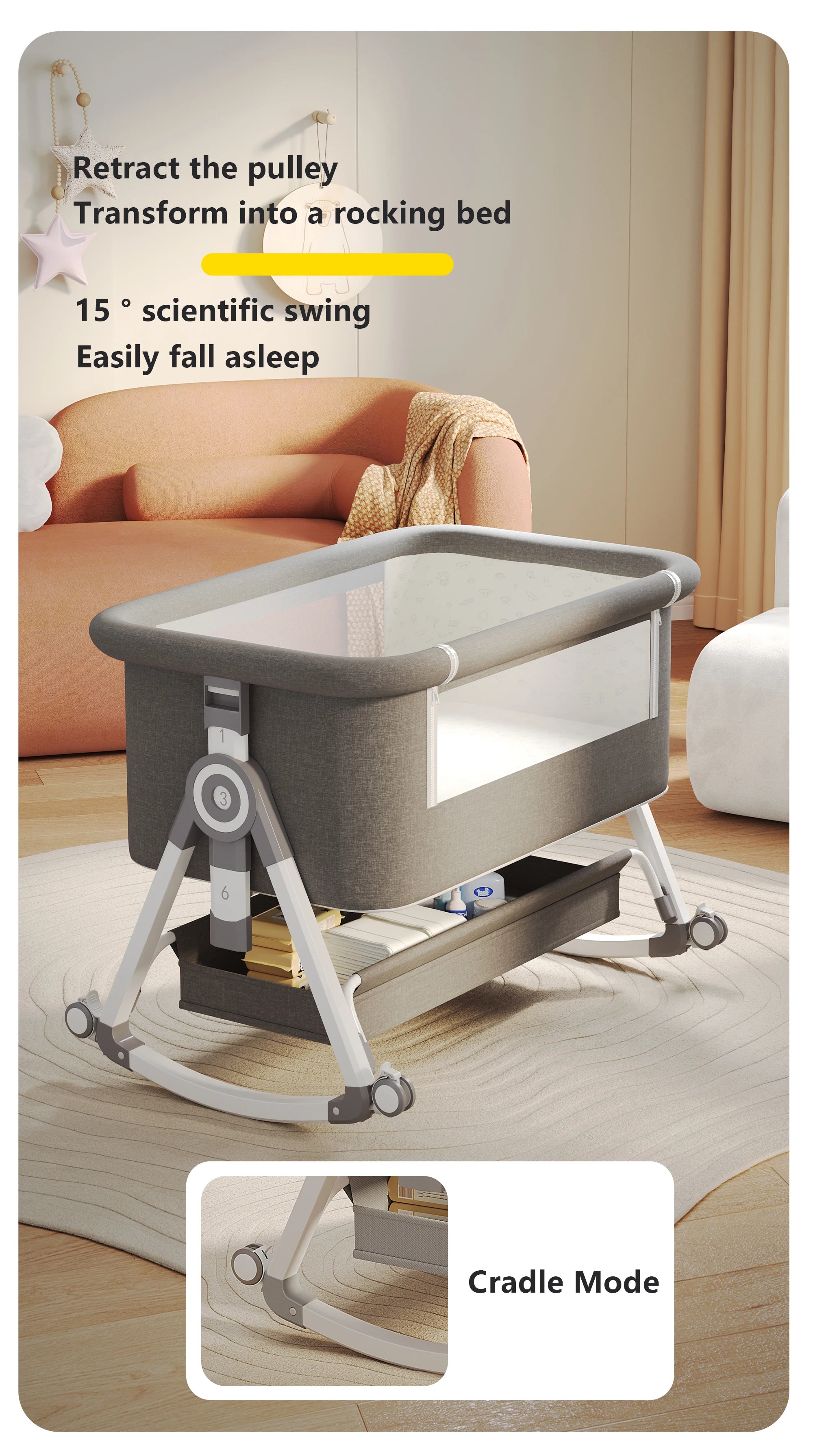 5-in-1 Baby Crib with Adjustable Height, Rocking Mode, Mosquito Net and Storage