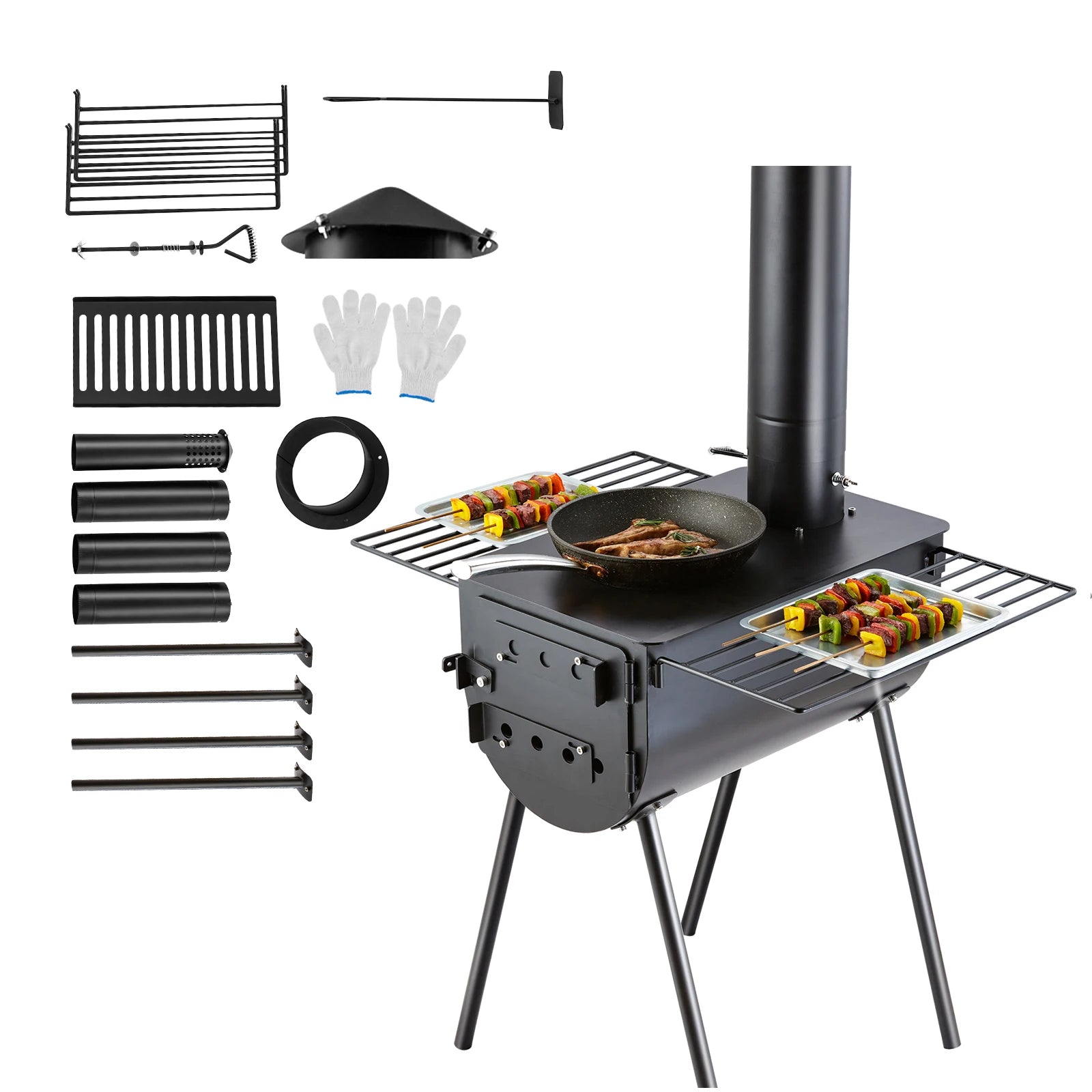 Poêle à bois portable pour camping avec cheminée et étagères de cuisson