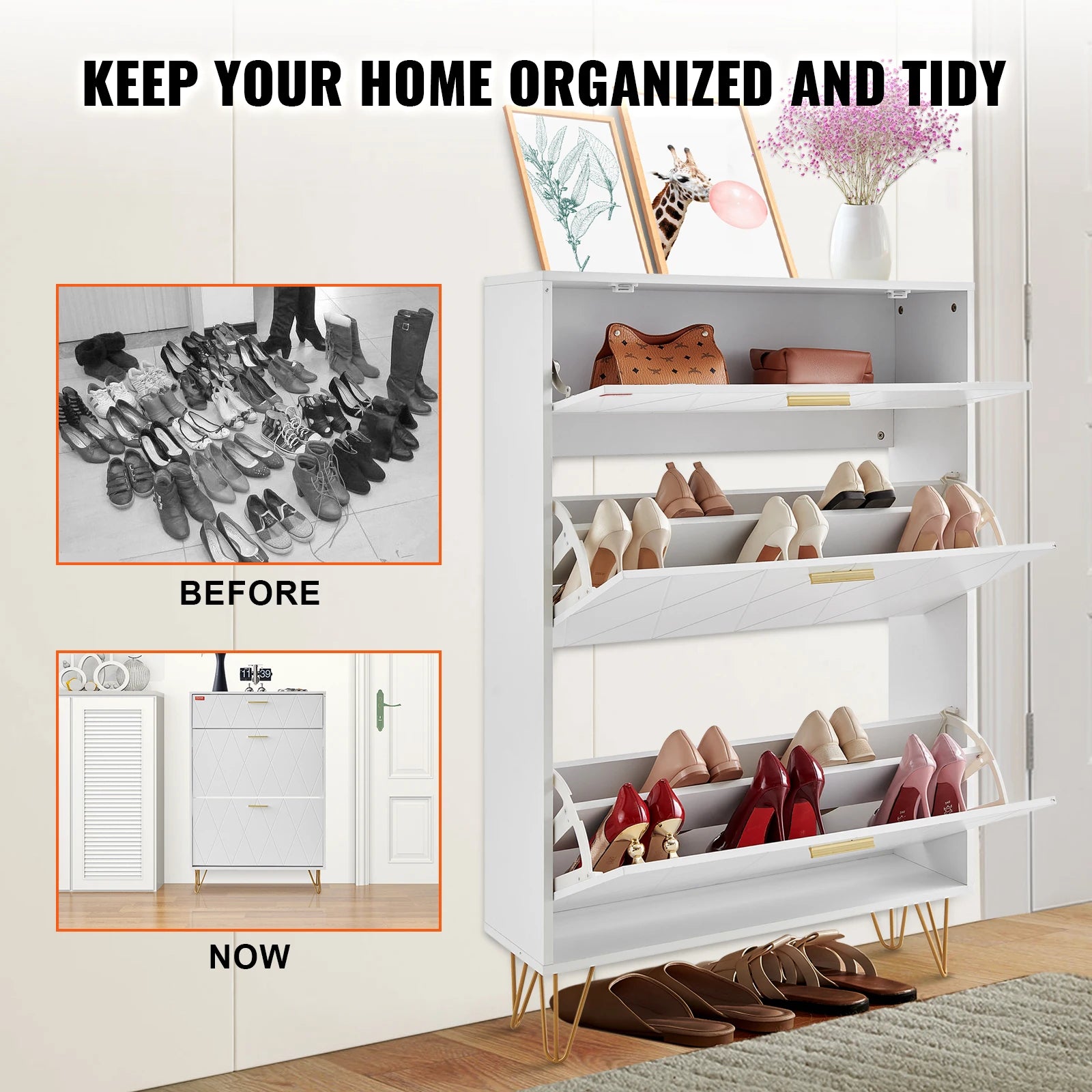 3-Drawer Flip Shoe Cabinet for Entryway Storage and Organization