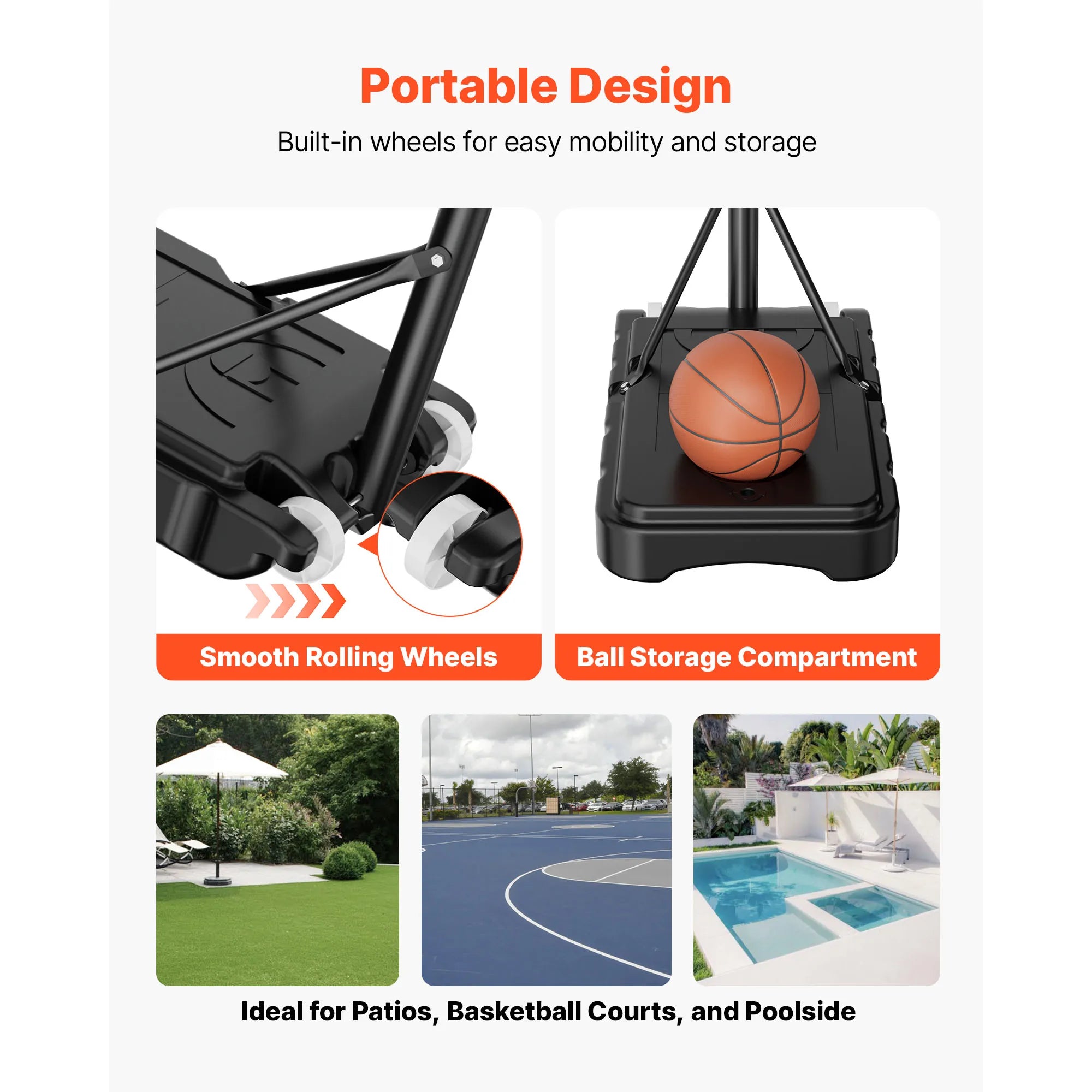 Canestro da basket portatile regolabile 5,2–6,9 ft con ruote