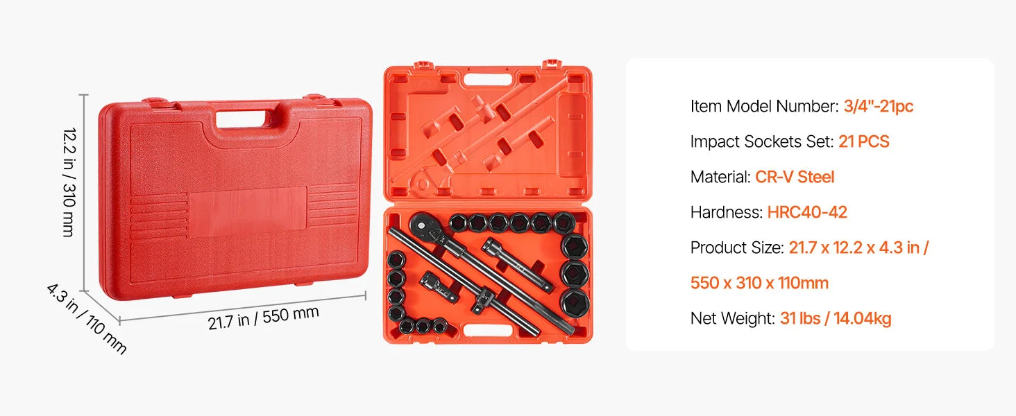 3/4" Drive Impact Socket Set 21PCS SAE Cr-V Steel with Case