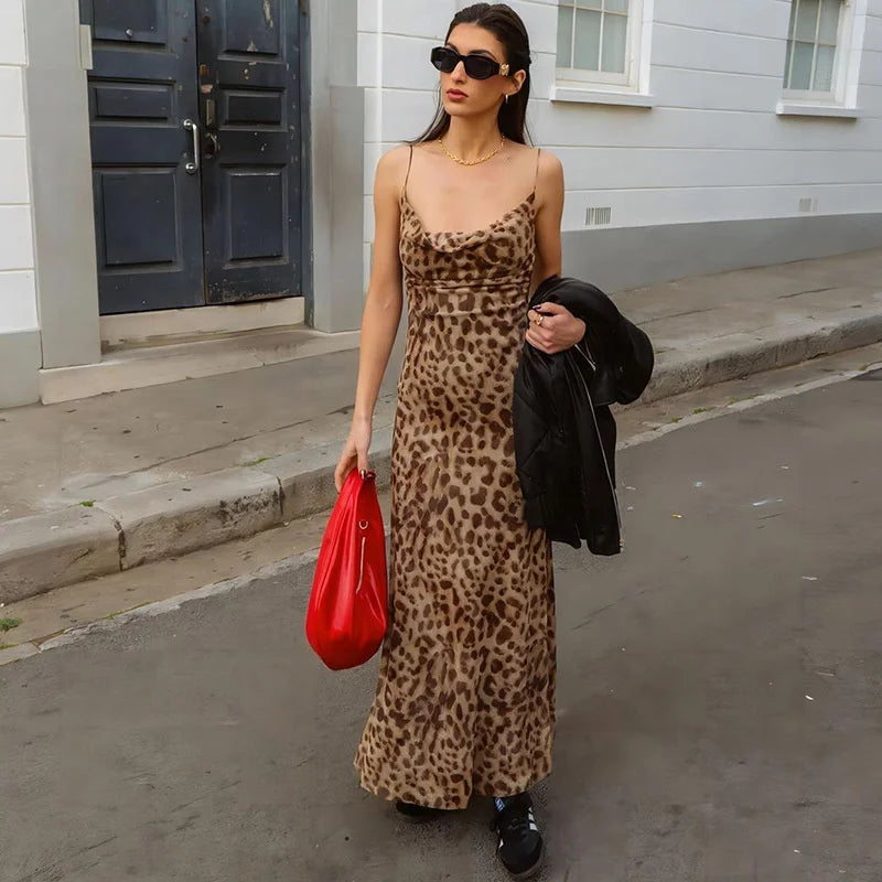 Vintage Leopard Print Sexy Cami Dress Women V Neck Sleeveless Party Dress Fashion 2024 Summer Streetwear Dress