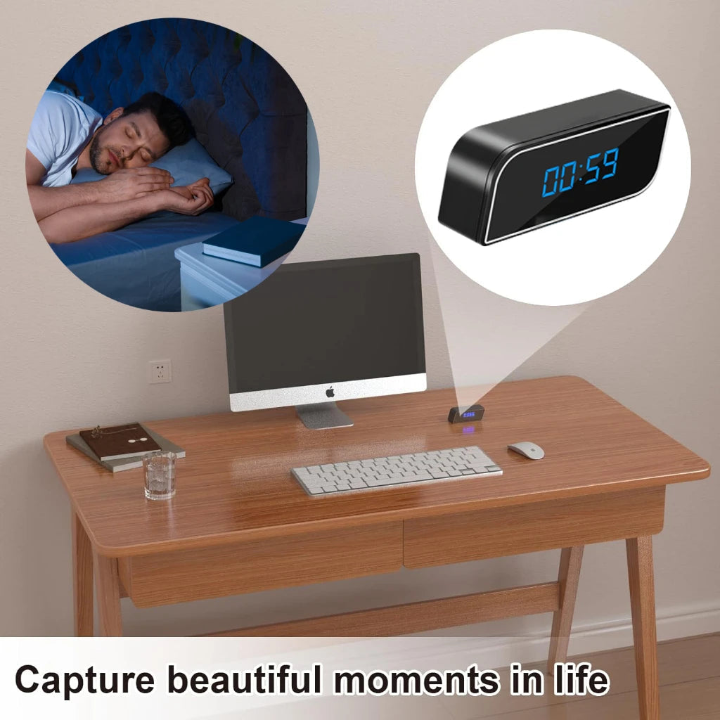 1080P full HD mini clock camera, wireless WiFi, night vision, motion detection, home security monitoring