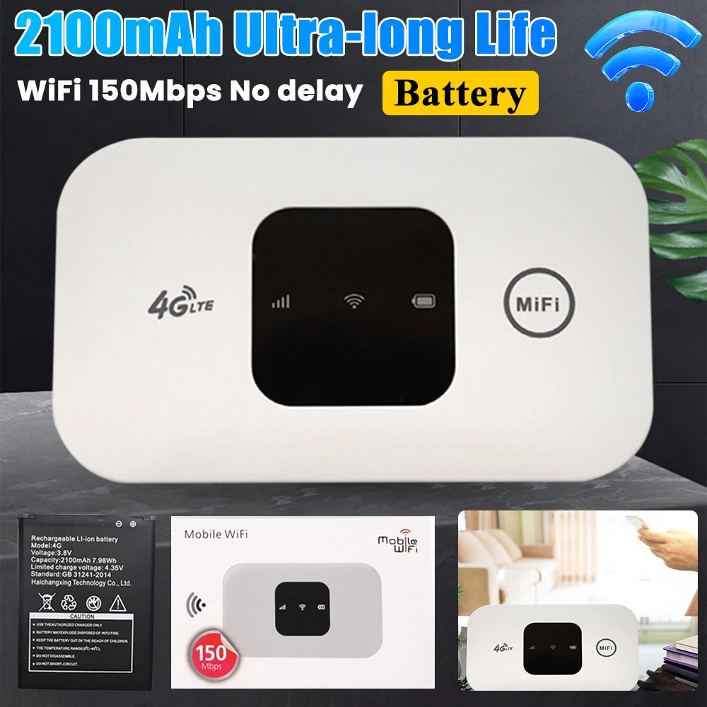 4G LTE Pocket WiFi Router with SIM Card Slot, 2100mAh Battery, 150Mbps
