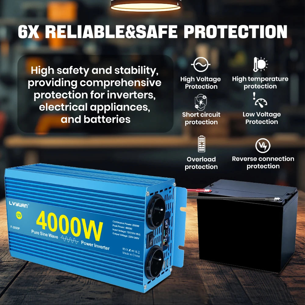 Lvyuan Pure Sine Wave Inverter 2000W DC 12V 24V to AC 220V 240V Continuous Power 2000W Inverter
