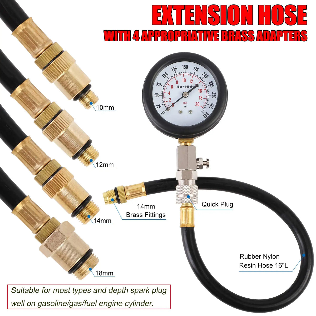 Kit Professionnel de Test de Compression du Moteur à Essence amélioré, 0-300 PSI, manomètre de pression du cylindre, pour voiture et motos