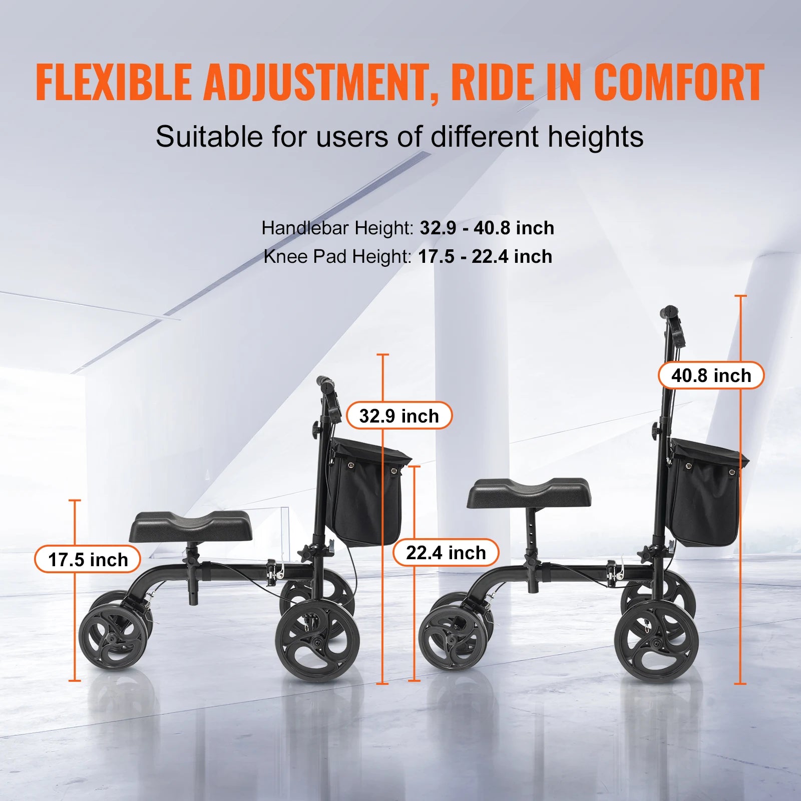 SucceBuy Folding Knee Scooter Carbon Steel Steerable Knee Walker w/ Height-Adjustable Handlebar All-Terrain Solid Wheels Scooter