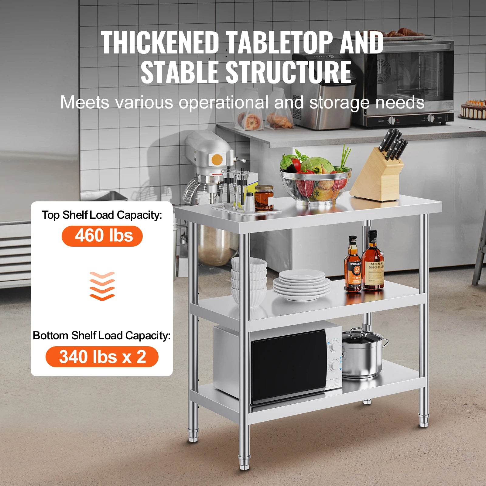 Stainless Steel Food Prep Table with Adjustable Shelves for Kitchen