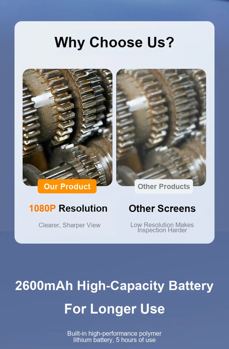 Endoscop industrial 4,3 inch cu sondă de 8 mm, 8 LEDuri, baterie de 2600mAh, cablu rigid de 5 m