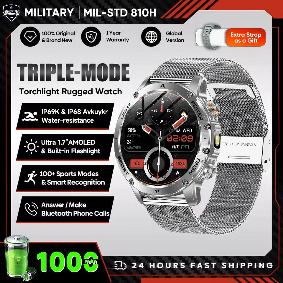 1,7-Inch Bluetooth Bel Smartwatch met Buitenverlichting
