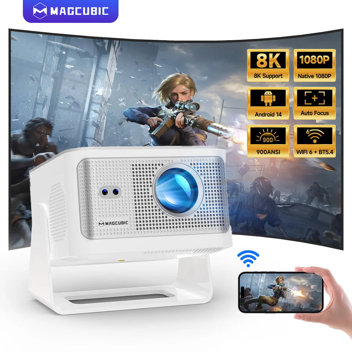 Magcubic HY350Max 900ANSI Android 14 Auto Focus Projector Support 8K Native 1080P with Wifi6 BT5.4 16G Allwinner H726 Portable