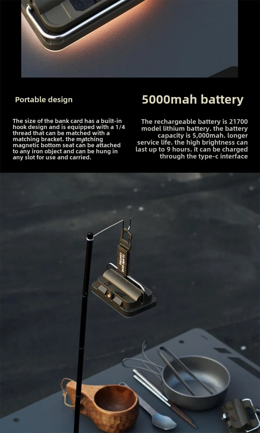 5000mAh LED Camping Tent Light Rechargeable Waterproof Portable Hanging Lamp