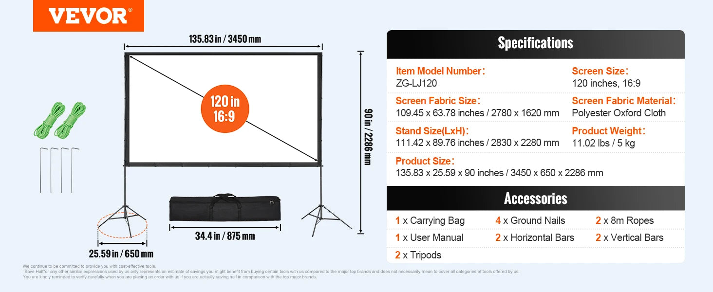 Ecrã de Projetor Portátil 120" com Suporte 16:9 para Filmes ao Ar Livre