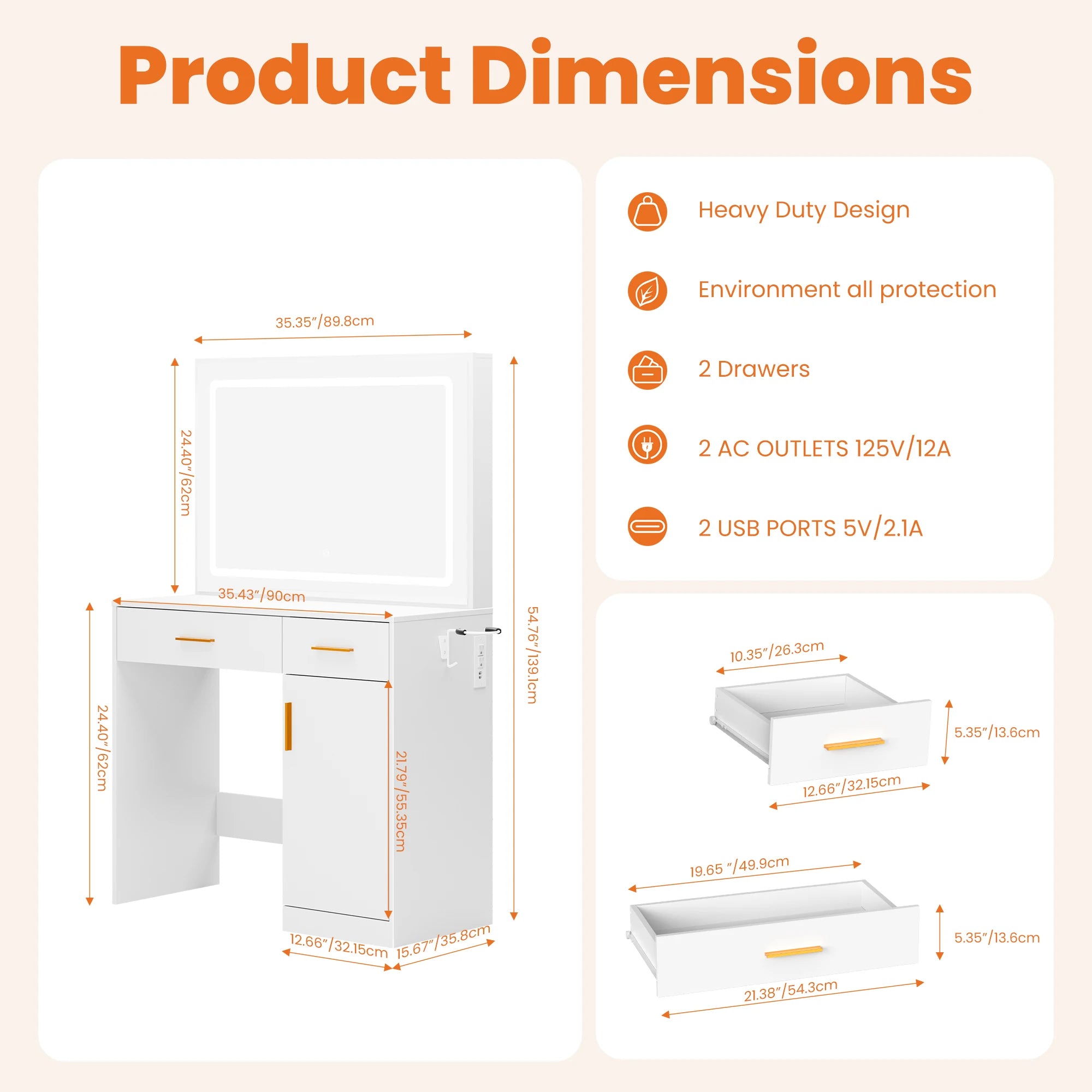 Vanity Desk with LED Mirror, Charging Station & Storage