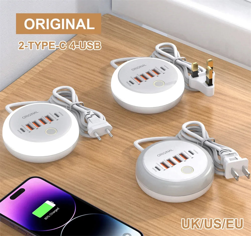 Nabíjačka USB so šiestimi portmi a dotykovým nočným svetlom