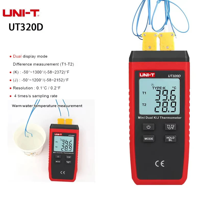 UNI-T UT320A UT320D Digital Thermometer Mini Dual Contact Thermocouple Type K J High Temperature Meter Tester -50℃ to 1200℃