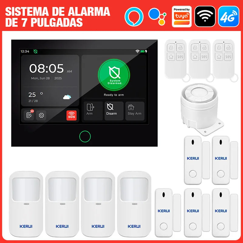 Entrega ES Kerui, grande ecrã tátil de 7 polegadas, sistema de alarme 4G+WiFi, alarme doméstico, ASK/FSK 433MHz, anti-roubo, funciona com Tuya G70