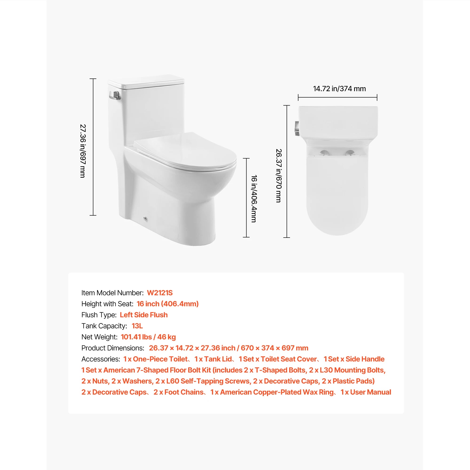 Toilet i ét stykke med forlænget skål og 1,28 GPF Cyclone skylle system