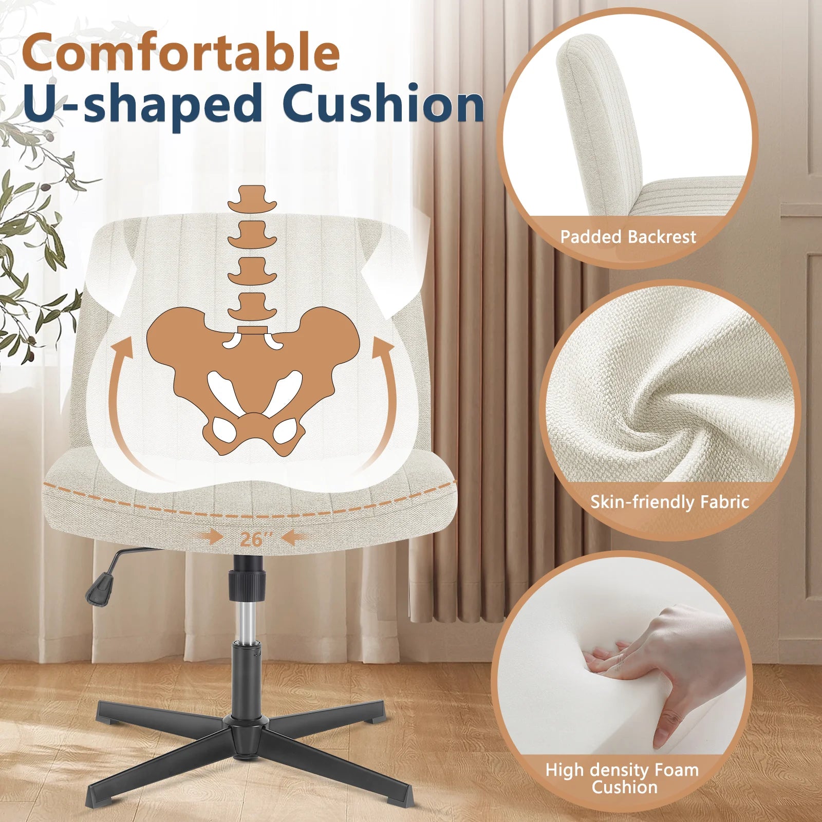 Chaise de bureau large jambes croisées, sans accoudoirs, siège pivotant réglable