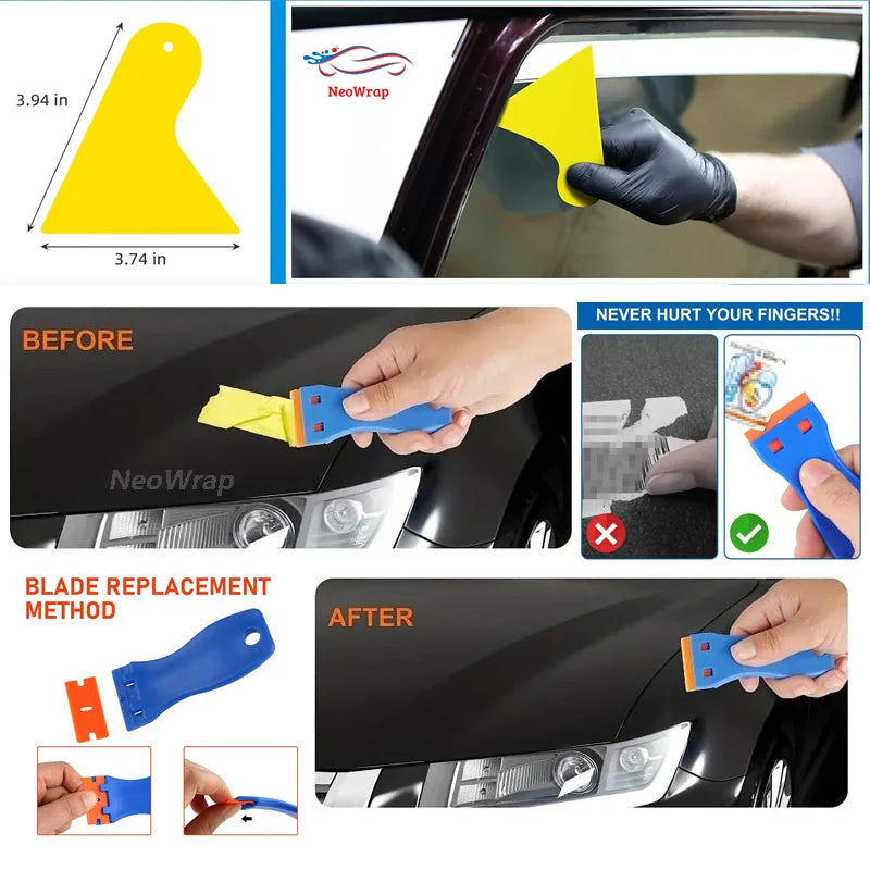 Car Film Wrapping Tool Kit Window Tinting Tools Vinyl Wrap Felt Squeegee Wrap Stick Vinyl Cutter Utility Knife Plastic Scraper